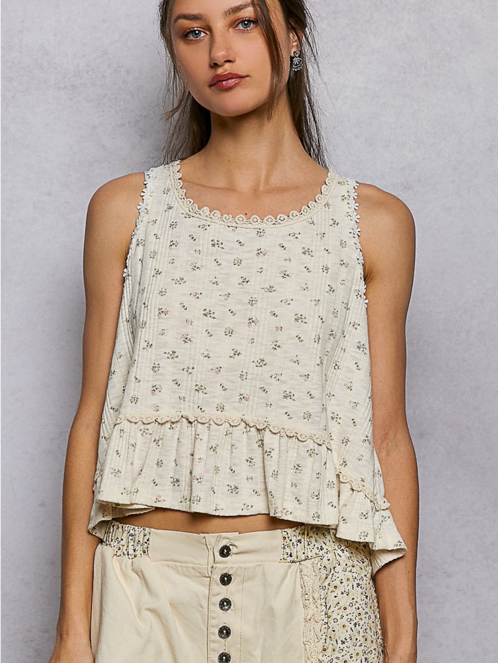 POL Cream Floral Lace-Trim Ruffle Tank Top